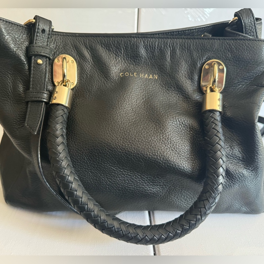 Cole Haan Black Leather Tote Bag with Braided Handles and Gold Accents